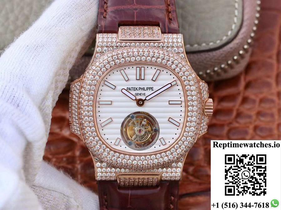 Patek Philippe Nautilus Jumbo 5711 Rose Gold Tourbillon 2018 R8 Factory White Dial-Rep Time Watches