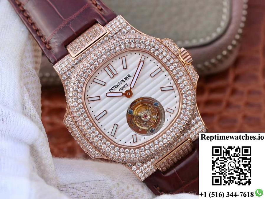 Patek Philippe Nautilus Jumbo 5711 Rose Gold Tourbillon 2018 R8 Factory White Dial-Rep Time Watches