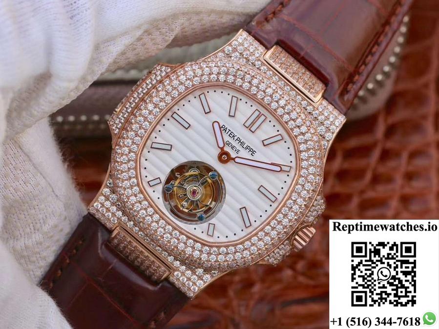Patek Philippe Nautilus Jumbo 5711 Rose Gold Tourbillon 2018 R8 Factory White Dial-Rep Time Watches