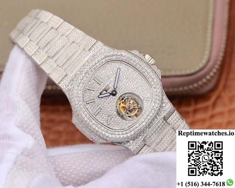 Patek Philippe Nautilus Jumbo 5711 Tourbillon R8 Factory 18K White Gold Diamond Dial-Rep Time Watches