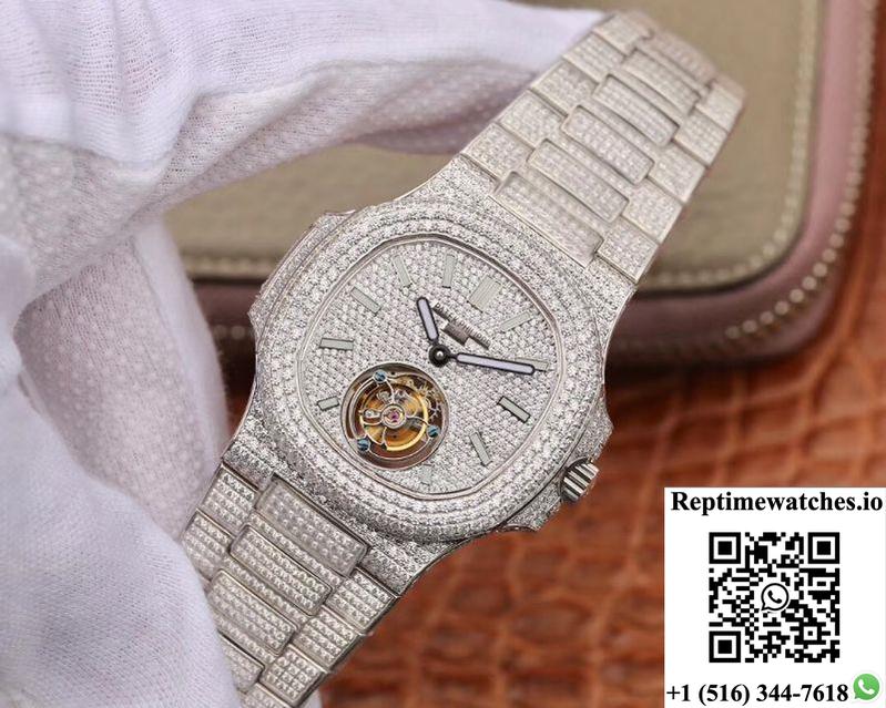 Patek Philippe Nautilus Jumbo 5711 Tourbillon R8 Factory 18K White Gold Diamond Dial-Rep Time Watches