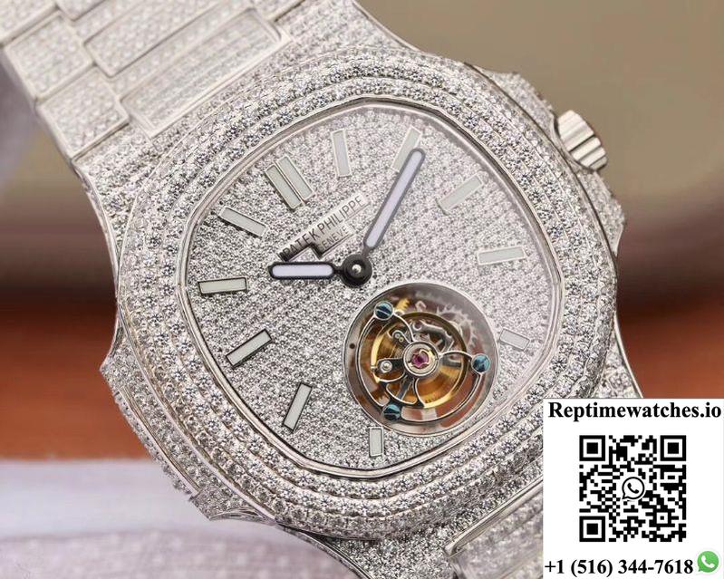 Patek Philippe Nautilus Jumbo 5711 Tourbillon R8 Factory 18K White Gold Diamond Dial-Rep Time Watches