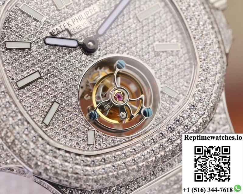 Patek Philippe Nautilus Jumbo 5711 Tourbillon R8 Factory 18K White Gold Diamond Dial-Rep Time Watches