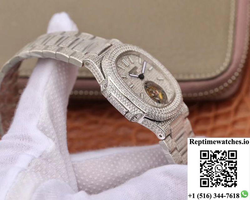 Patek Philippe Nautilus Jumbo 5711 Tourbillon R8 Factory 18K White Gold Diamond Dial-Rep Time Watches