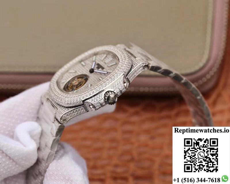Patek Philippe Nautilus Jumbo 5711 Tourbillon R8 Factory 18K White Gold Diamond Dial-Rep Time Watches