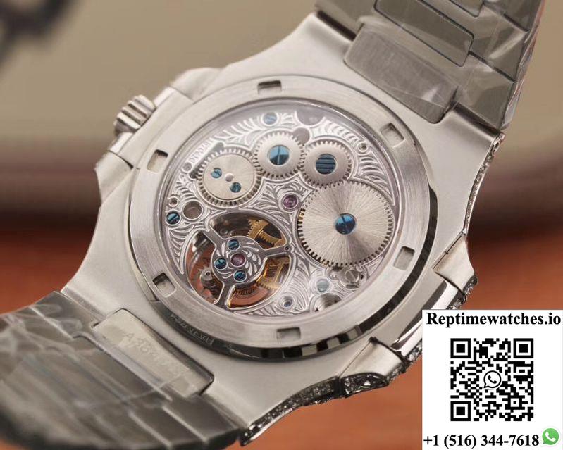 Patek Philippe Nautilus Jumbo 5711 Tourbillon R8 Factory 18K White Gold Diamond Dial-Rep Time Watches