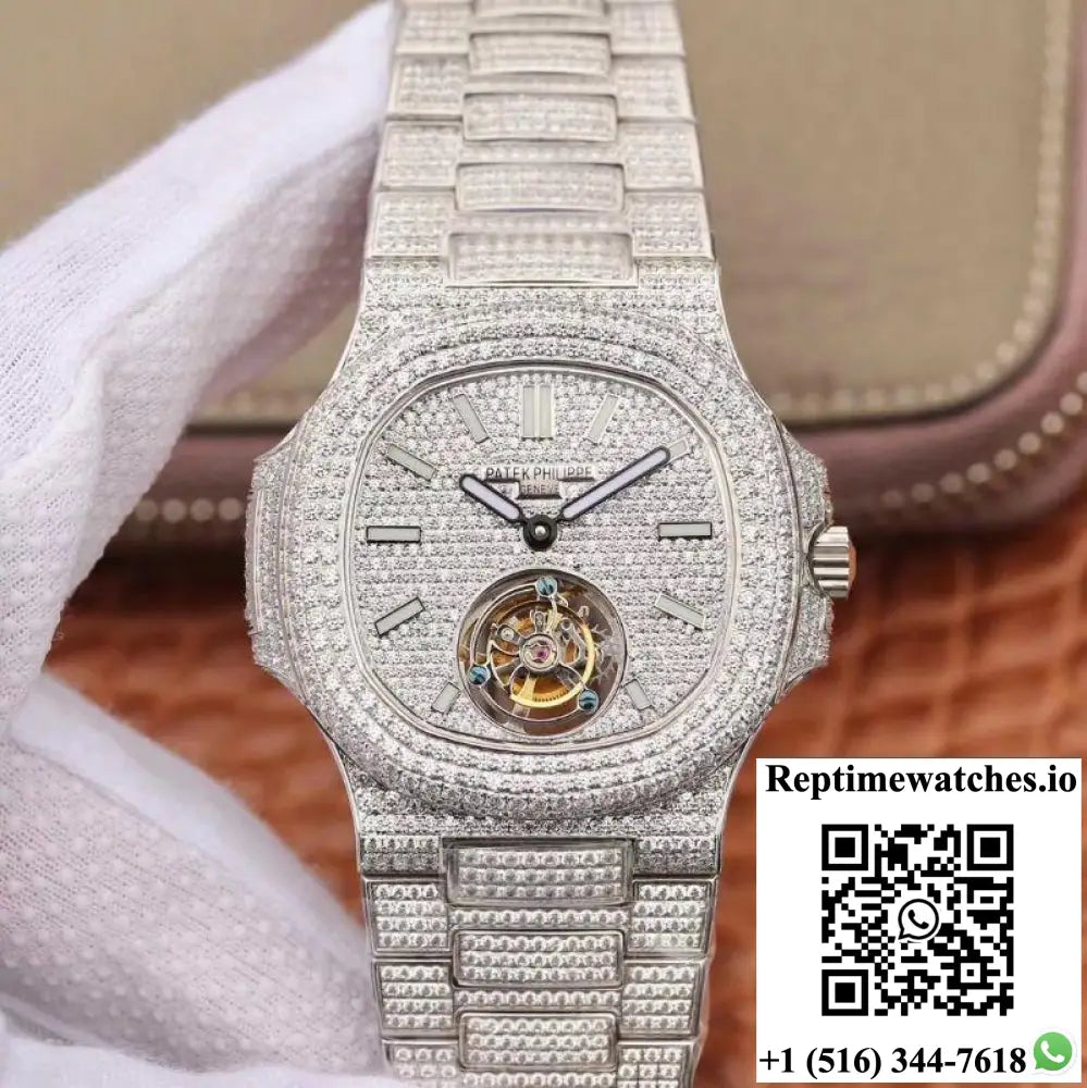 Patek Philippe Nautilus Jumbo 5711 Tourbillon R8 Factory 18K White Gold Diamond Dial - Watches