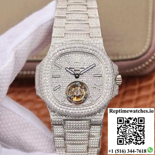 Patek Philippe Nautilus Jumbo 5711 Tourbillon R8 Factory 18K White Gold Diamond Dial - Watches