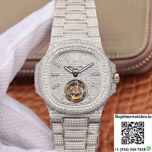 Patek Philippe Nautilus Jumbo 5711 Tourbillon R8 Factory 18K White Gold Diamond Dial-Rep Time Watches