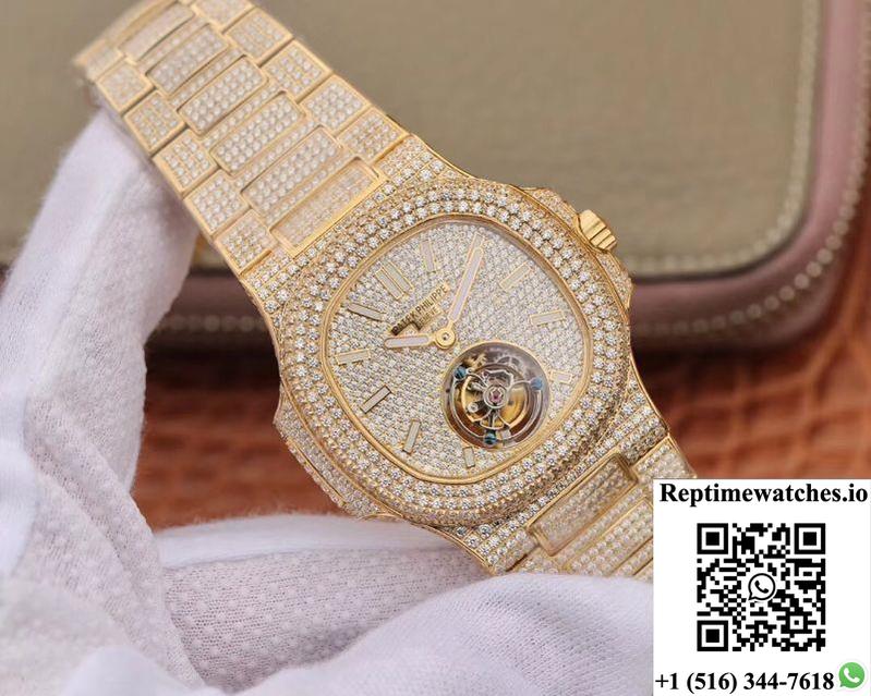 Patek Philippe Nautilus Jumbo 5711 Tourbillon R8 Factory 18K Yellow Gold Diamond Dial-Rep Time Watches