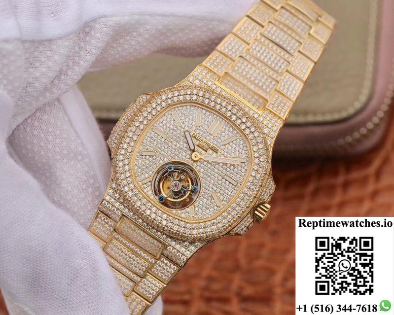 Patek Philippe Nautilus Jumbo 5711 Tourbillon R8 Factory 18K Yellow Gold Diamond Dial-Rep Time Watches