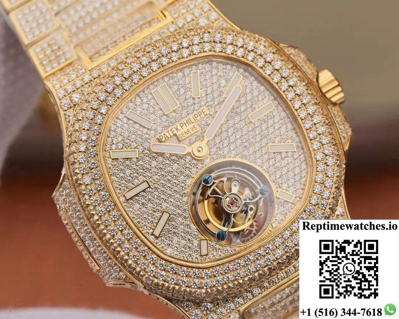 Patek Philippe Nautilus Jumbo 5711 Tourbillon R8 Factory 18K Yellow Gold Diamond Dial-Rep Time Watches