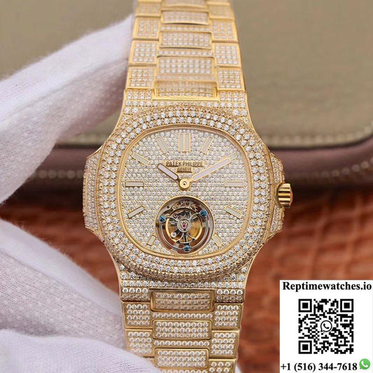 Patek Philippe Nautilus Jumbo 5711 Tourbillon R8 Factory 18K Yellow Gold Diamond Dial-Rep Time Watches