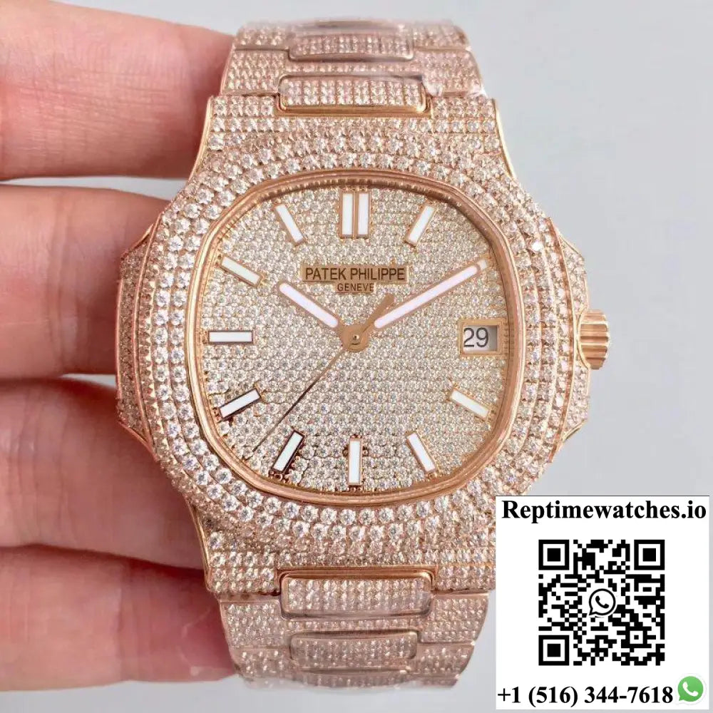 Patek Philippe Nautilus Jumbo 5719/10G-010 Rose Gold Full Diamond Dial - Watches