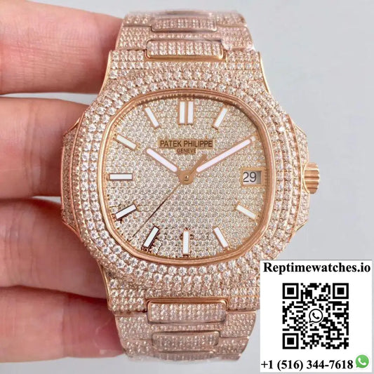 Patek Philippe Nautilus Jumbo 5719/10G-010 Rose Gold Full Diamond Dial - Watches