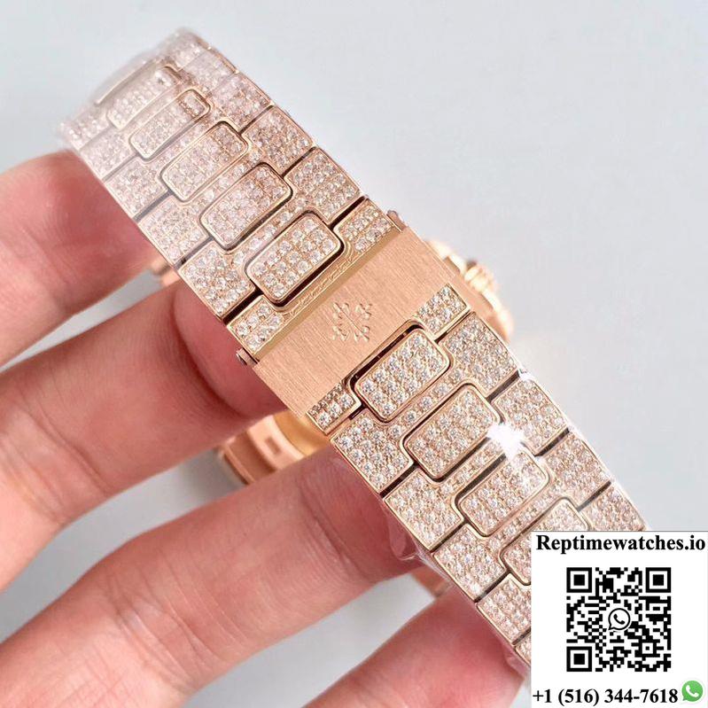 Patek Philippe Nautilus Jumbo 5719/10G-010 Rose Gold Full Diamond Dial-Rep Time Watches