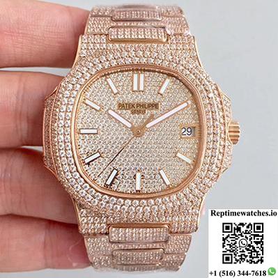Patek Philippe Nautilus Jumbo 5719/10G-010 Rose Gold Full Diamond Dial-Rep Time Watches