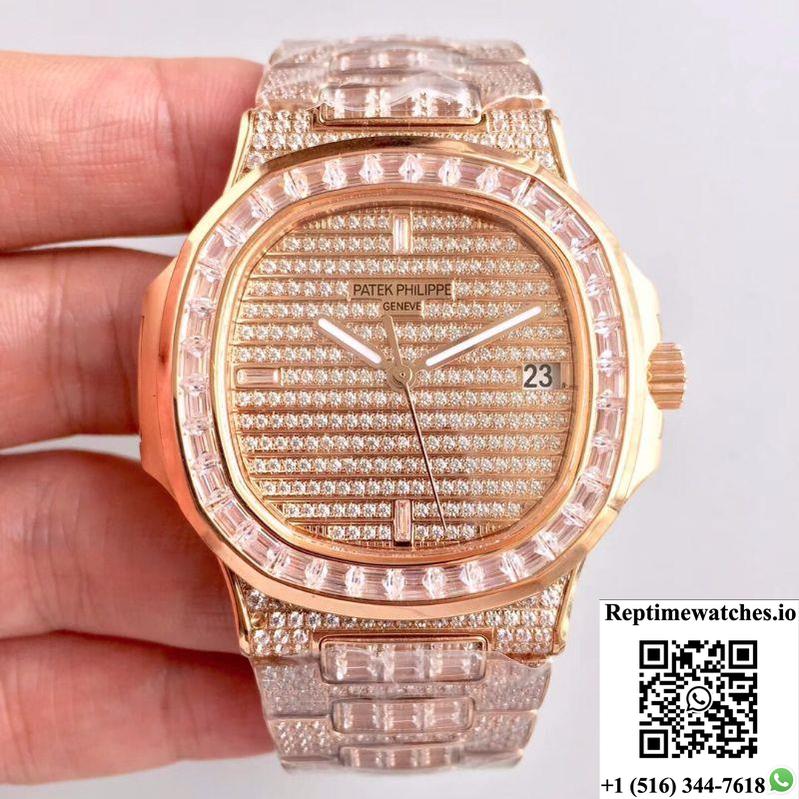 Patek Philippe Nautilus Jumbo 5719/1G-001 Rose Gold Diamonds Dial-Rep Time Watches