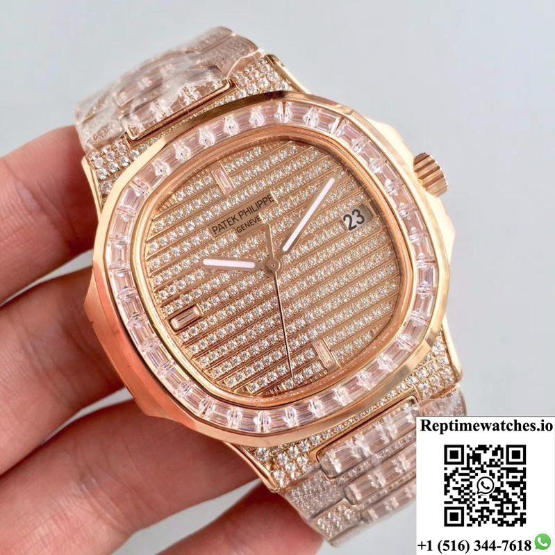 Patek Philippe Nautilus Jumbo 5719/1G-001 Rose Gold Diamonds Dial-Rep Time Watches