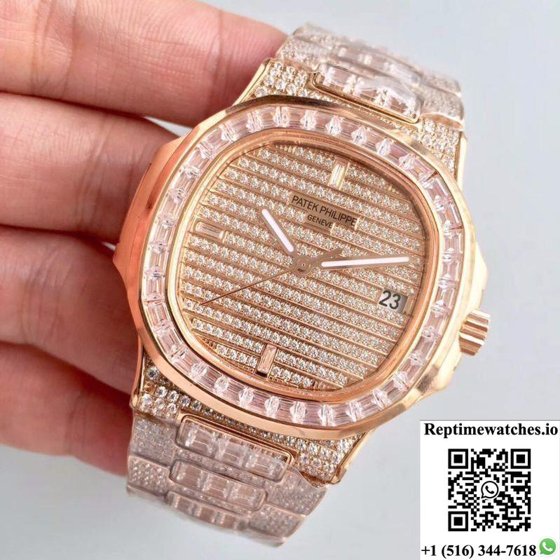 Patek Philippe Nautilus Jumbo 5719/1G-001 Rose Gold Diamonds Dial-Rep Time Watches