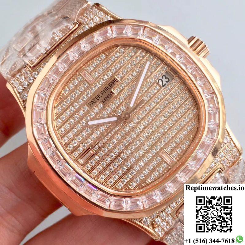 Patek Philippe Nautilus Jumbo 5719/1G-001 Rose Gold Diamonds Dial-Rep Time Watches
