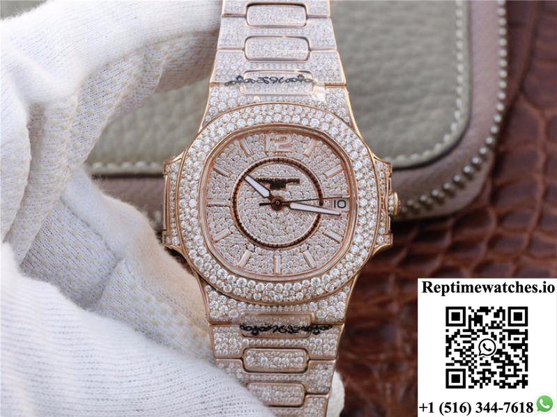 Patek Philippe Nautilus Jumbo 7021/1R-001 Full Paved Diamonds Dial-Rep Time Watches