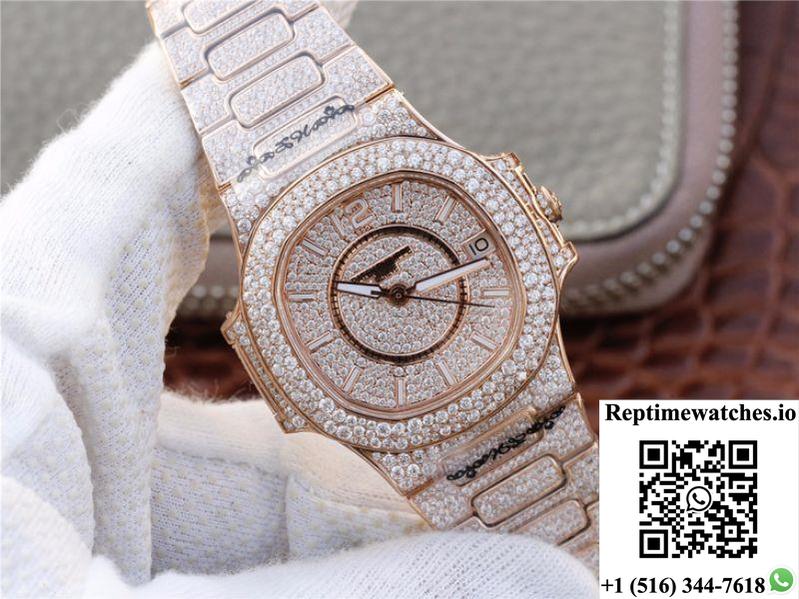 Patek Philippe Nautilus Jumbo 7021/1R-001 Full Paved Diamonds Dial-Rep Time Watches
