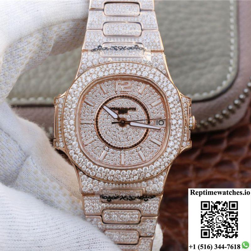 Patek Philippe Nautilus Jumbo 7021/1R-001 Full Paved Diamonds Dial-Rep Time Watches