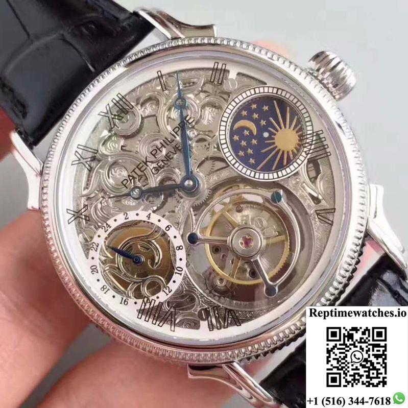 Patek Philippe Tourbillon Moonphase Silver Dial-Rep Time Watches