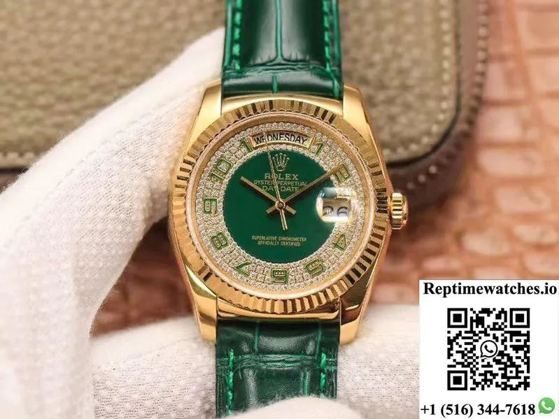 Replica Rolex Day-Date 36Mm Green Enamel Diamond Gypsophila Gold Dial Watch-Rep Time Watches