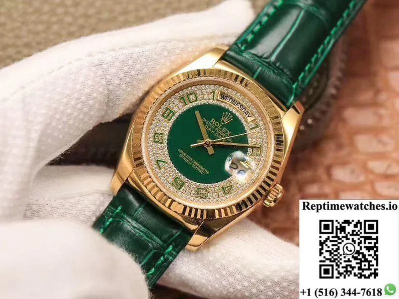 Replica Rolex Day-Date 36Mm Green Enamel Diamond Gypsophila Gold Dial Watch-Rep Time Watches