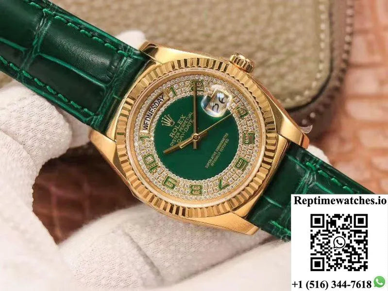 Replica Rolex Day-Date 36Mm Green Enamel Diamond Gypsophila Gold Dial Watch-Rep Time Watches
