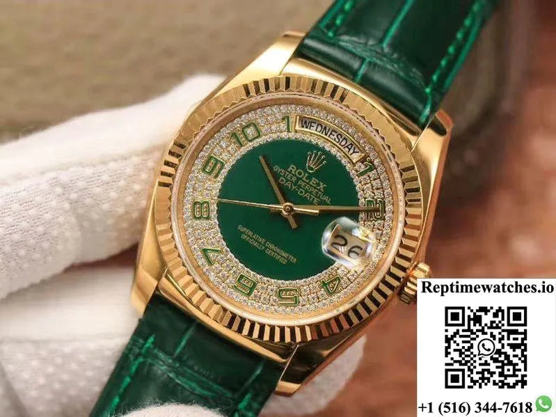 Replica Rolex Day-Date 36Mm Green Enamel Diamond Gypsophila Gold Dial Watch-Rep Time Watches