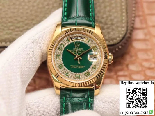 Replica Rolex Day-Date 36mm Green Enamel Diamond Gypsophila Gold dial watch AI Factory