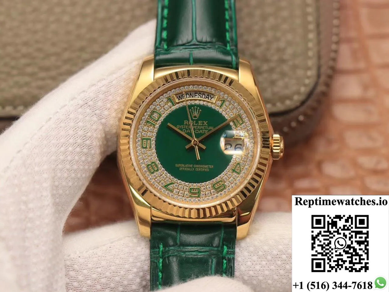 Replica Rolex Day-Date 36Mm Green Enamel Diamond Gypsophila Gold Dial Watch-Rep Time Watches