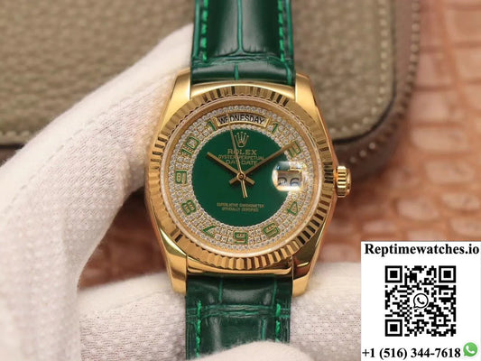 Replica Rolex Day-Date 36Mm Green Enamel Diamond Gypsophila Gold Dial Watch-Rep Time Watches