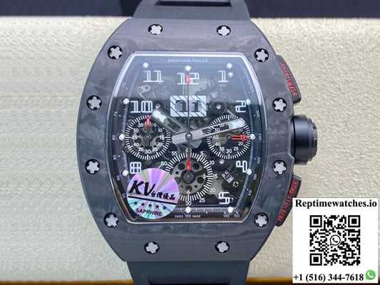 Richard Mille RM011 KV Factory Carbon Fiber Black Rubber Strap - Watches