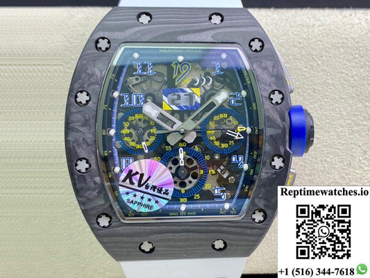 Richard Mille Rm011 Kv Factory Carbon Fiber White Rubber Strap-Rep Time Watches
