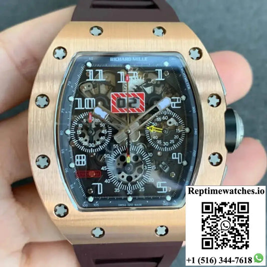 Richard Mille RM011 Kv Factory Rose Gold Brown Rubber Strap Product Photo 1