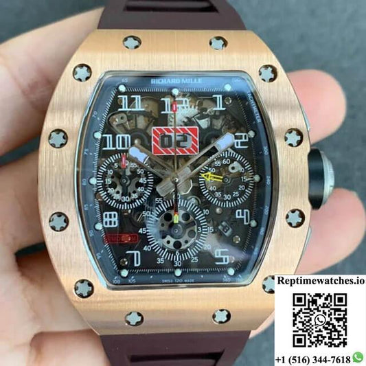 Richard Mille Rm011 Kv Factory Rose Gold Brown Rubber Strap-Rep Time Watches