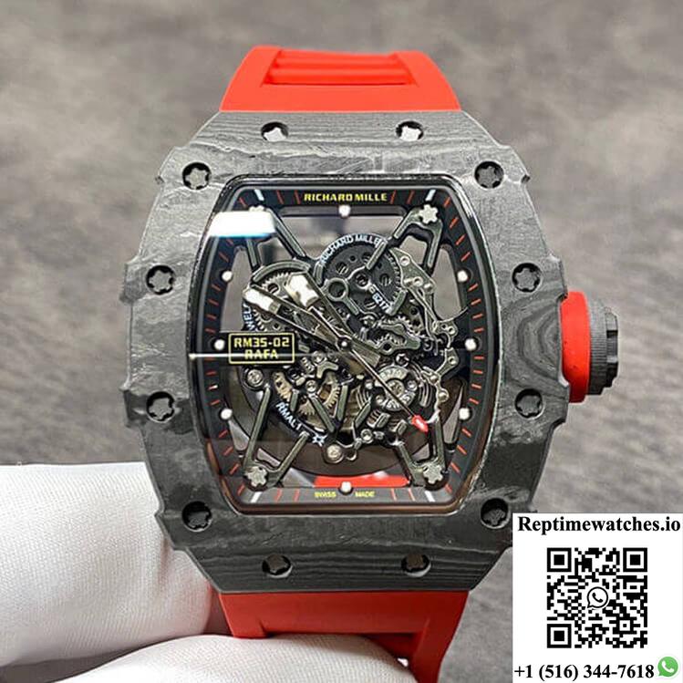 Richard Mille Rm35-02 Kv Factory Carbon Fiber Red Rubber Strap-Rep Time Watches