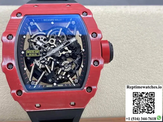 Richard Mille RM35-02 T+ Factory Red Carbon Fiber Case Black Rubber Strap - Watches