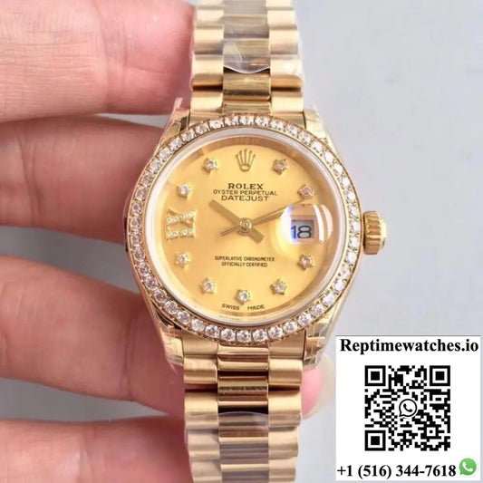 Rolex Lady Datejust 279138RBR 28MM Yellow Gold Champagne Dial - Watches