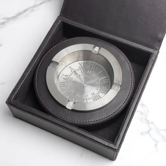 CARTIER RONDE SOLO SILVERTONE ASHTRAY – LEATHER BASE – BOXED COLLECTOR’S PIECE