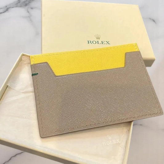 ROLEX GREY LEATHER CARD HOLDER WALLET NEW | AUTHENTIC YELLOW POCKET