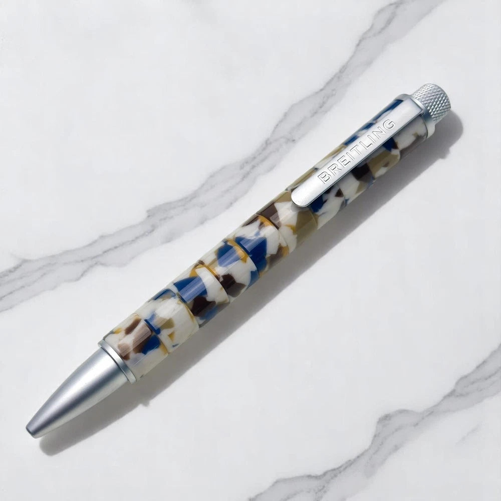 BREITLING MOSAIC SWIRLED BALLPOINT PEN – BLUE, WHITE, AND GOLD MARBLED DESIGN