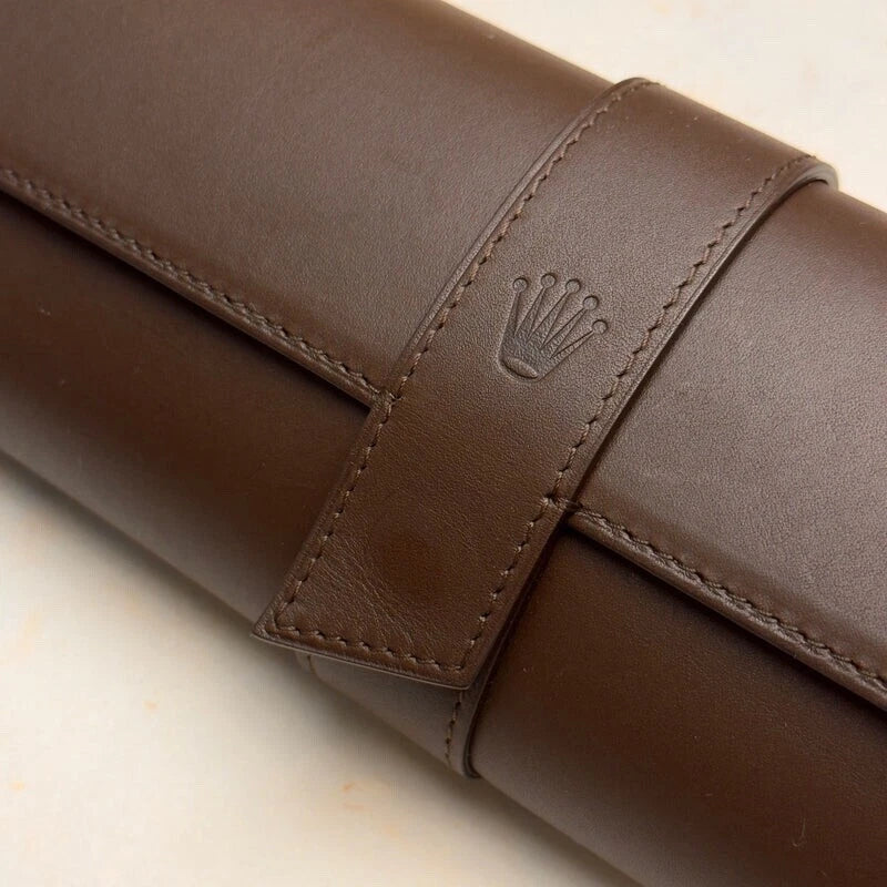 ROLEX BROWN LEATHER TRIO WATCH TRAVEL CASE AUTHENTIC STORAGE HOLDER