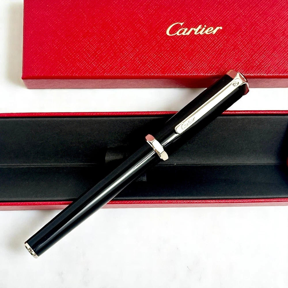 CARTIER SILVER SIGNATURE SANTOS DUMONT ROLLERBALL PEN SILVER & BLACK EDITION