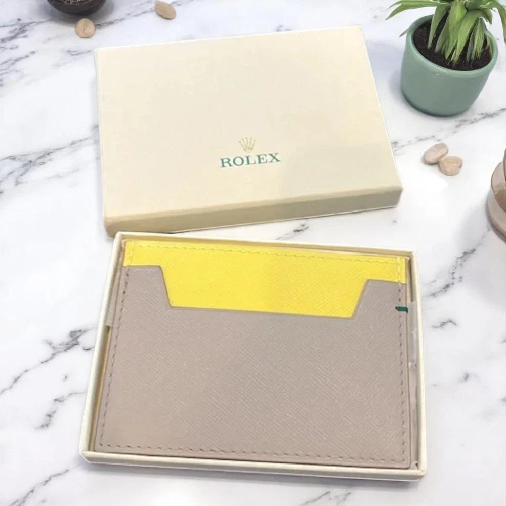 ROLEX GREY LEATHER CARD HOLDER WALLET NEW | AUTHENTIC YELLOW POCKET
