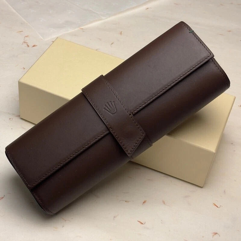 ROLEX BROWN LEATHER TRIO WATCH TRAVEL CASE AUTHENTIC STORAGE HOLDER